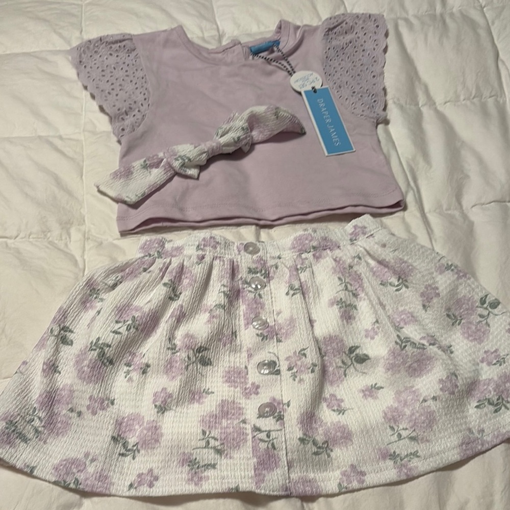 Draper James Lavender Top and Floral Skirt Set with Hair clip